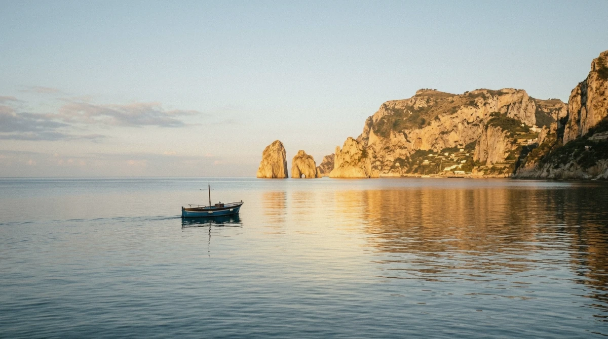 Glassy early morning Mediterranean sea with a lone small boat and long golden light across the water near Capri, Italy