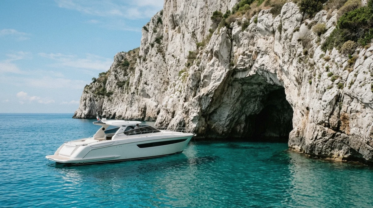 Small rowboat waiting at a low dark sea cave entrance in a white limestone cliff with chains strung from the rock