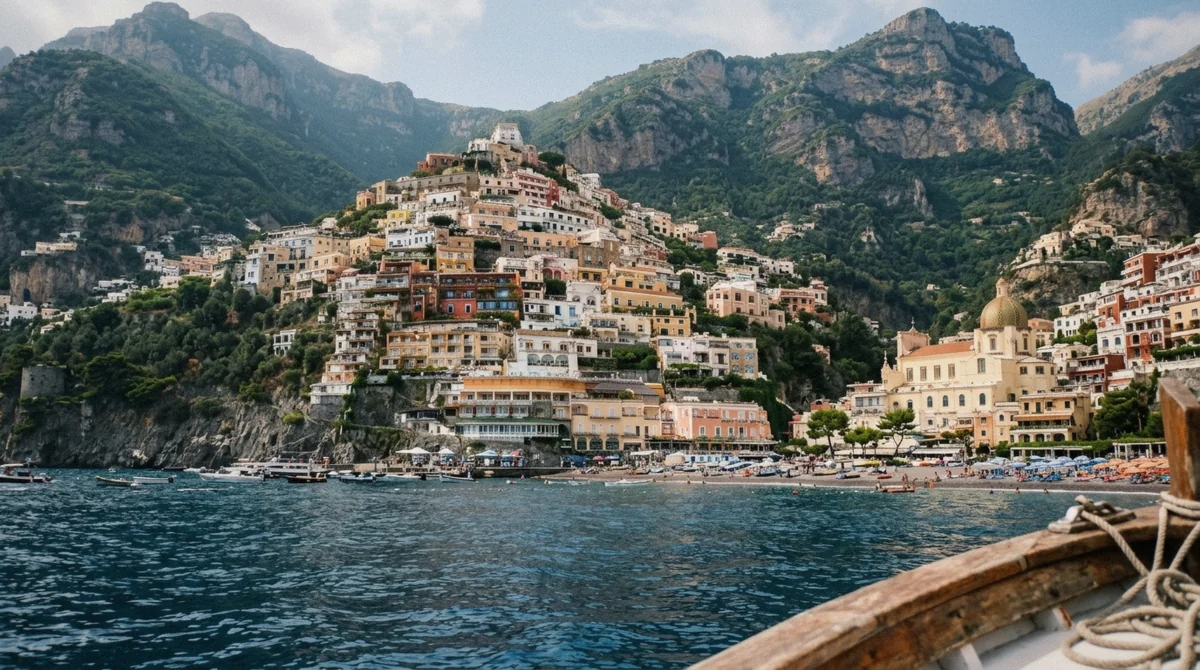 Pastel houses stacked above a narrow Mediterranean beach seen from a boat on deep blue water at Positano, Italy