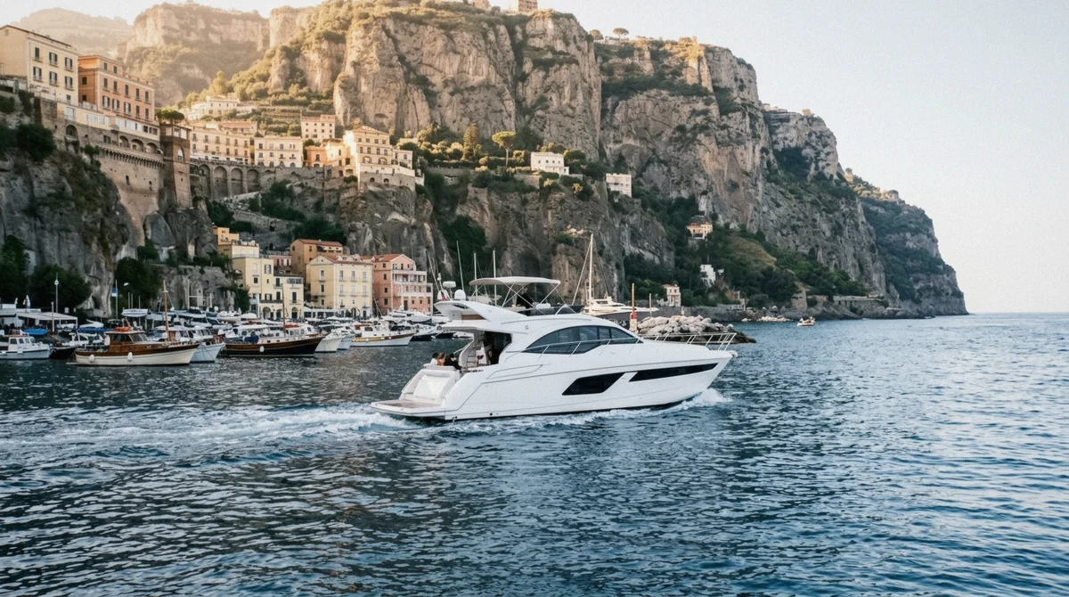 Small motorboat leaving a Mediterranean harbor below tall tuff cliffs at Sorrento's Marina Piccola